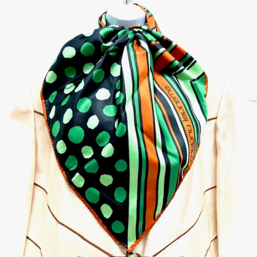 (2) Emanuel Ungaro Paris Scarfs 100% Silk 27" Green stripe Blue Orange Dot (27 - Picture 15 of 16